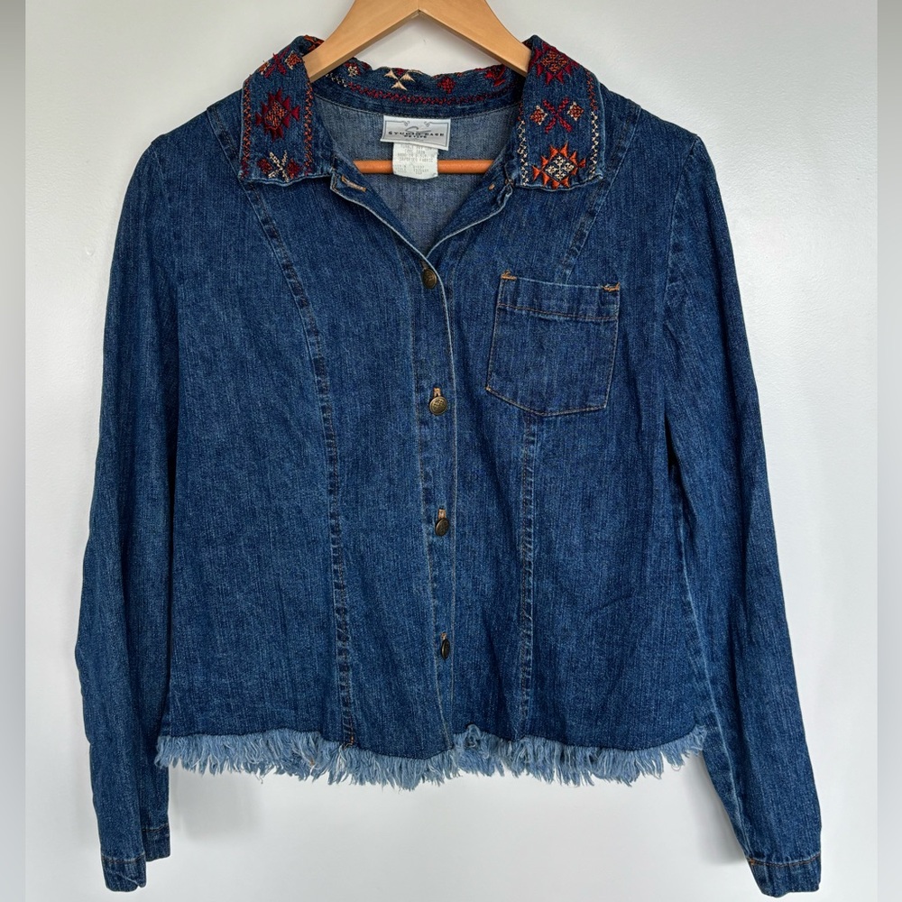Studio Ease Petite 19” PTP Vintage Embroidered Denim Jacket, Blue, Size 10P.
